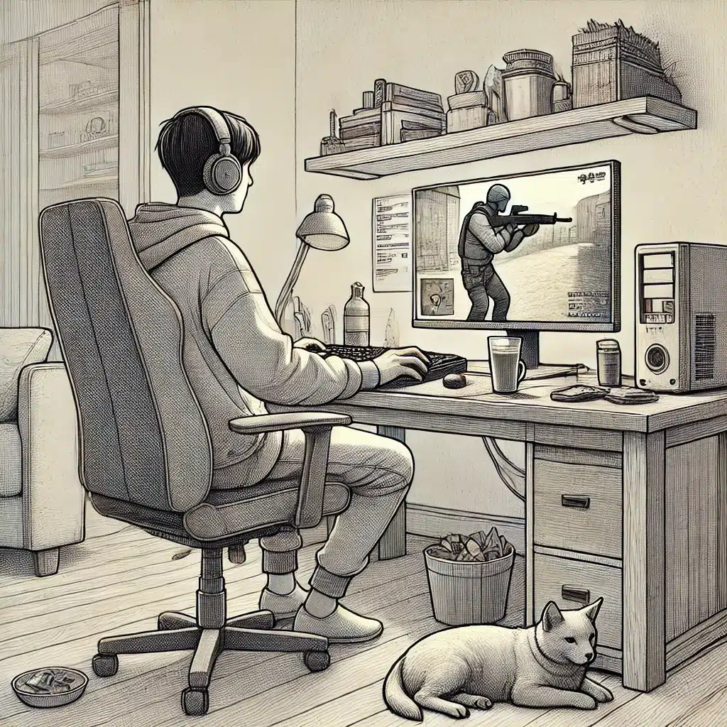 Person playing Counter-Strike 1.6 at a desk with a cup of tea and snacks, with a cat or dog nearby in a cozy setting