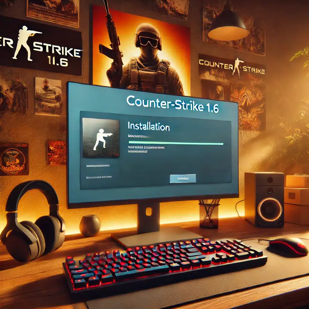 A gaming setup with a computer displaying the Counter-Strike 1.6 installation process on the screen.