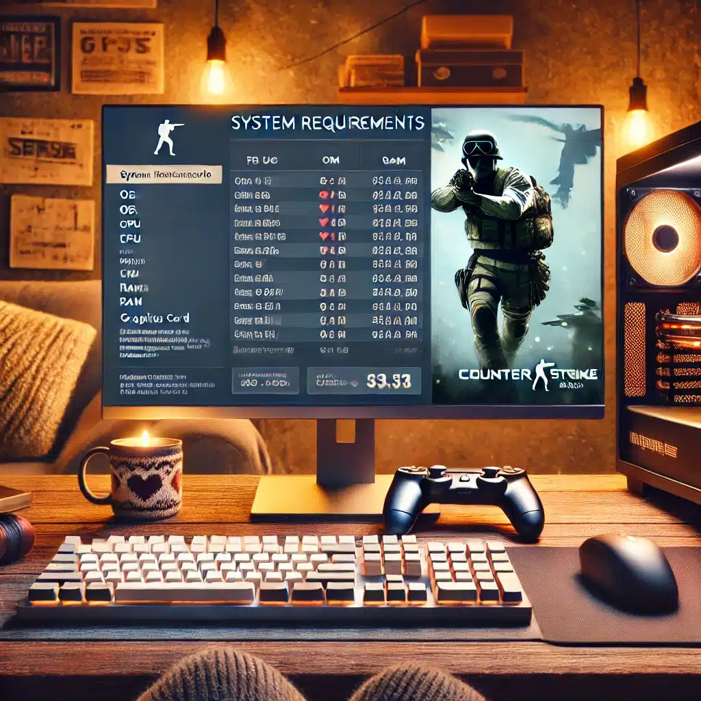 Computer screen showing Counter-Strike 1.6 system requirements with OS, CPU, RAM, and graphics specifications.