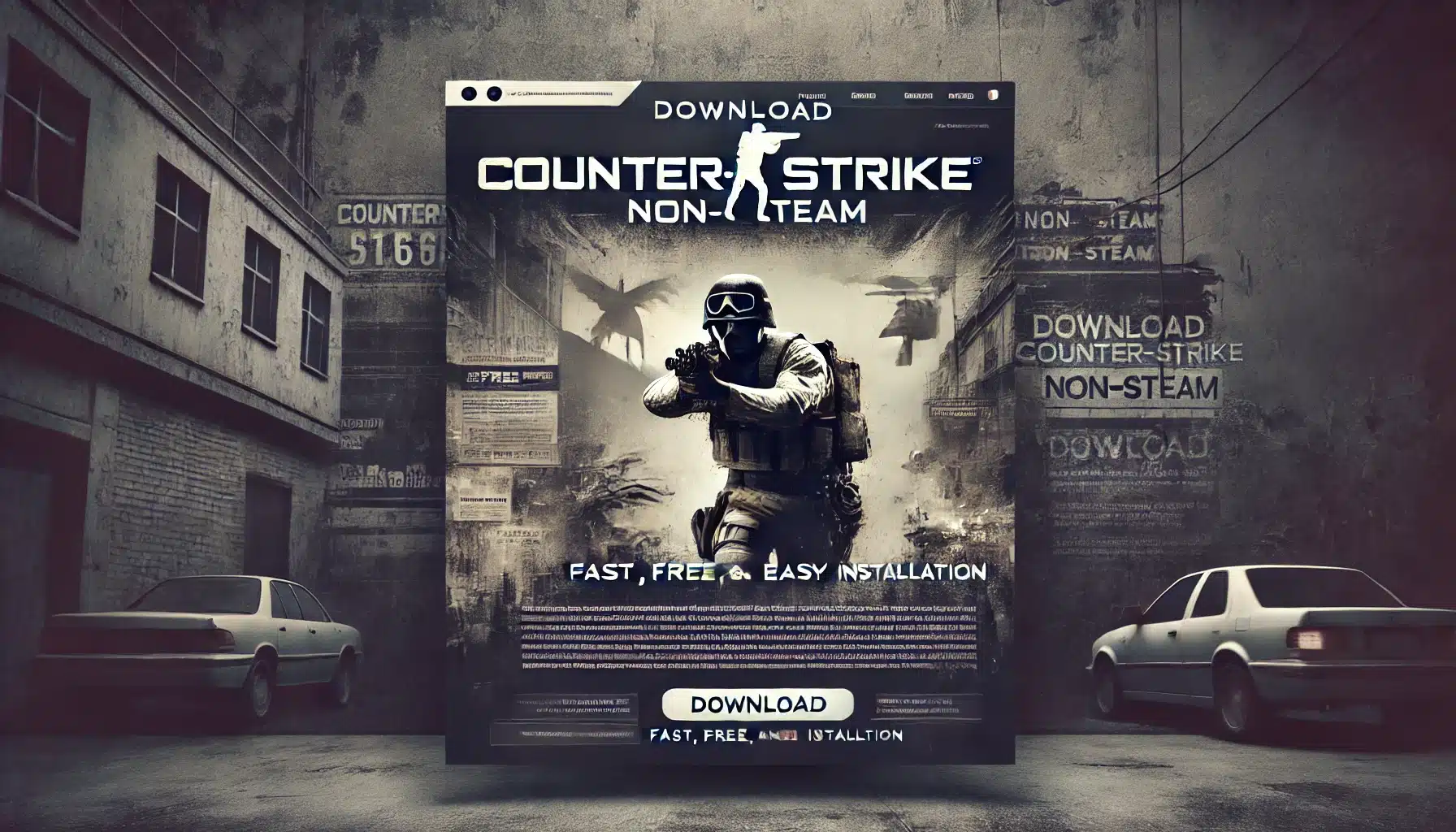 Wallpaper featuring Counter-Strike 1.6 Non-Steam download promotion with a dark, gritty urban gaming background and bold text that reads, "Download CS 1.6 Non-Steam – Fast, Free, and Easy Installation.