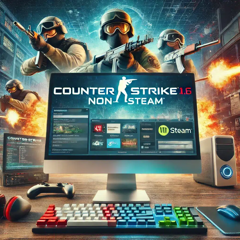 Counter-Strike 1.6 Non-Steam download page with an action-packed scene showing tactical combat and iconic weapons