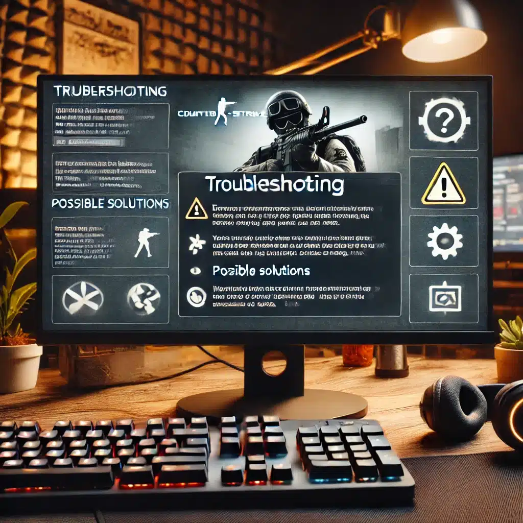 Computer setup with keyboard in a home environment, demonstrating troubleshooting solutions for Counter-Strike 1.6 download and gameplay issues.