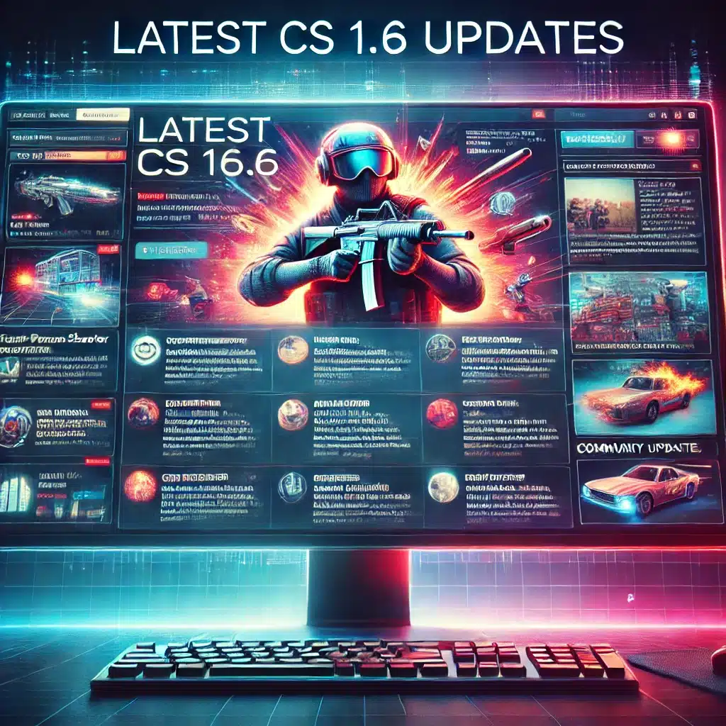 A vibrant digital display showing news and updates for CS 1.6, featuring patch notes, features, and community highlights in a sleek, modern gaming interface.