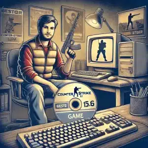 Retro-style scene of a person holding a Counter-Strike 1.6 CD with an old computer and classic gaming accessories.