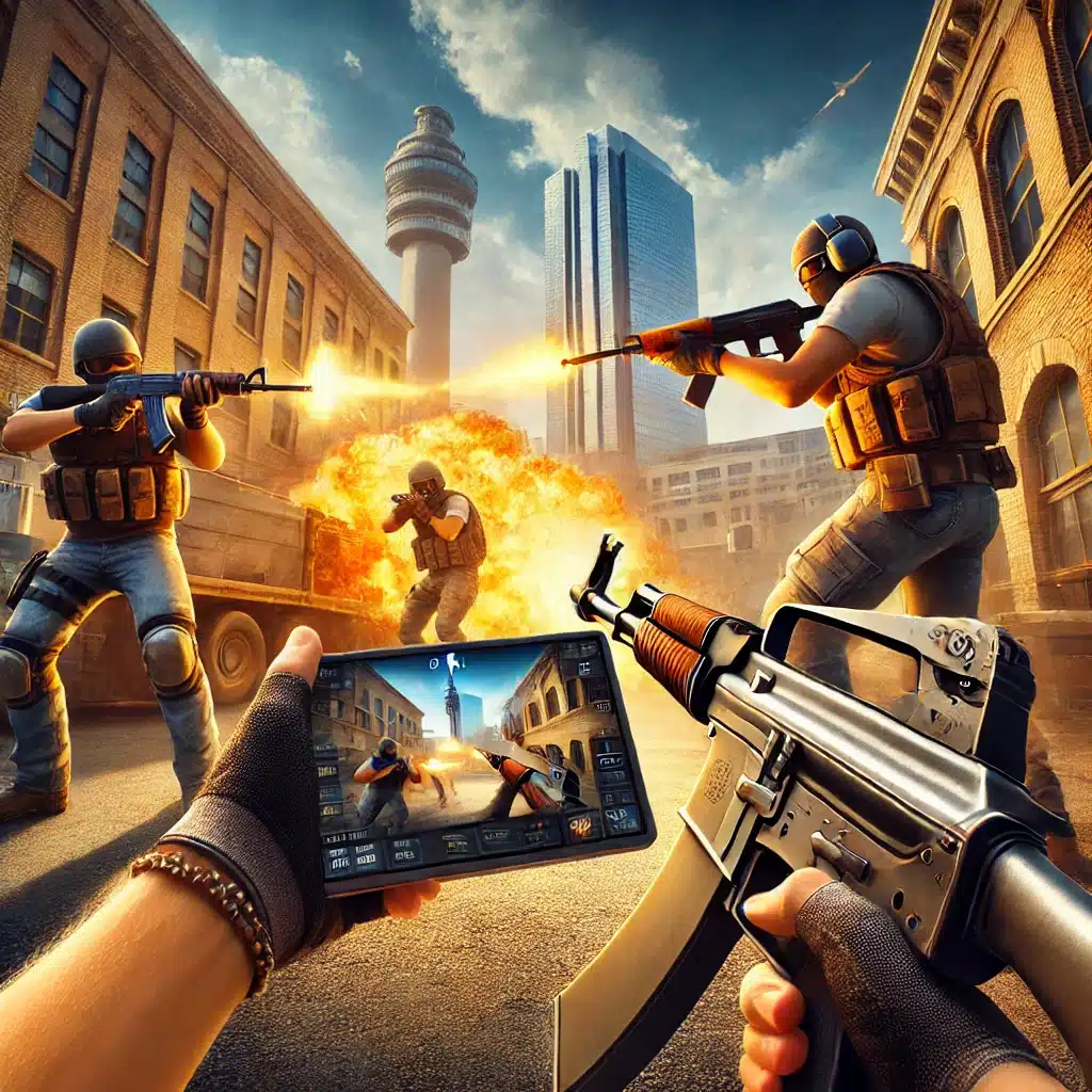 A high-action scene from Counter-Strike 1.6, showing players in combat with AK-47 and M4A1 in a dynamic urban map