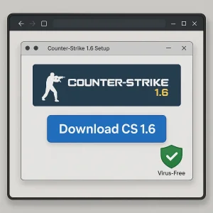 Official CS 1.6 download screen with setup window and download button on a PC